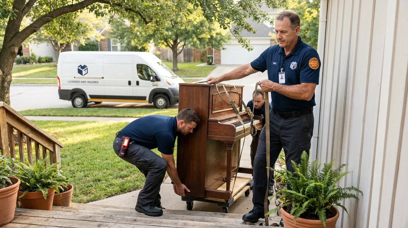 Licensed piano movers securing grand piano in Fort Myers Beach, FL