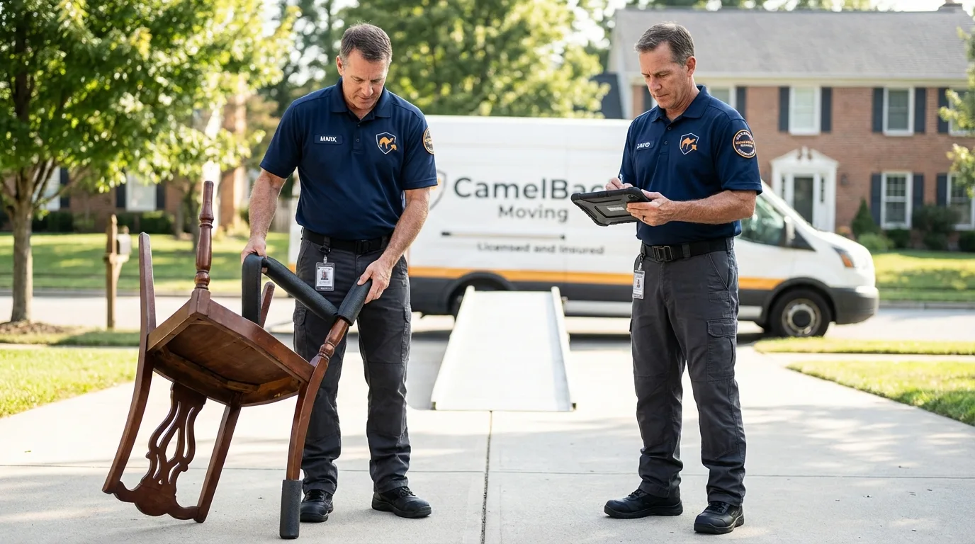 Movers inspecting furniture for damage prevention before loading in Fort Myers Beach, FL