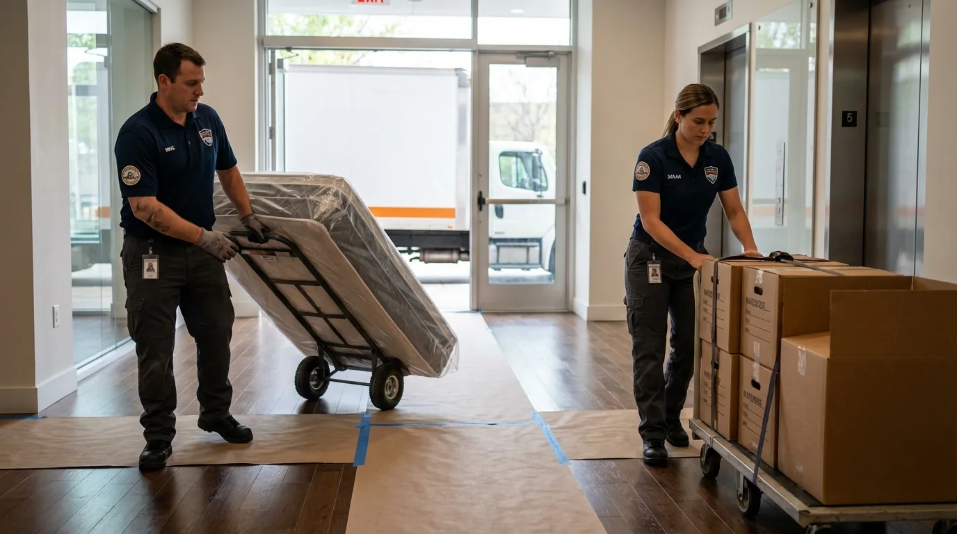 Professional apartment movers loading elevator in Fort Myers Beach, FL