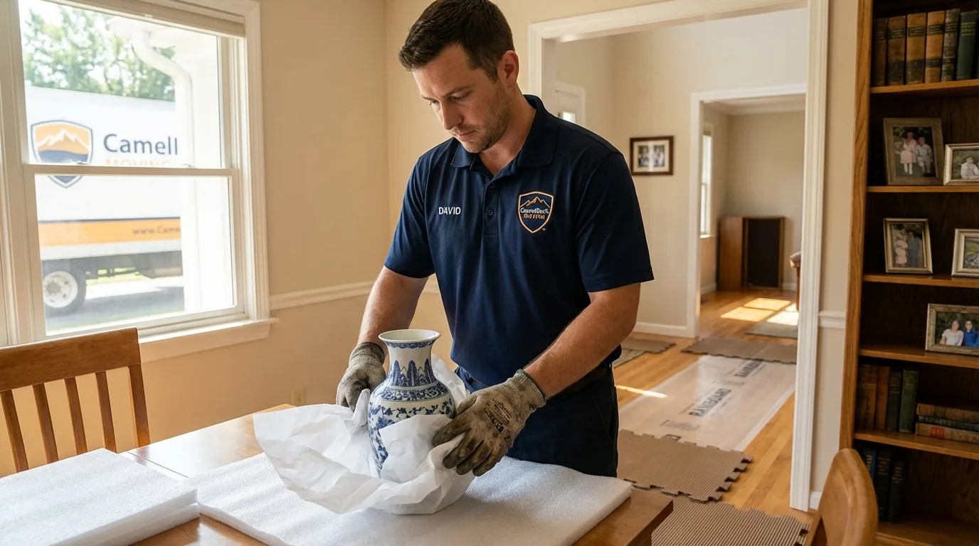 Professional crew carefully wrapping antique vase for senior downsizing move in Fort Myers Beach, FL